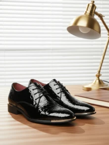 1 Pair Men's Lace-Up Pointed Toe Oxford Shoes, Featuring Crocodile Embossed PU Upper And Durable Rubber Sole, Suitable For Business And Casual Wear - Black - View 1