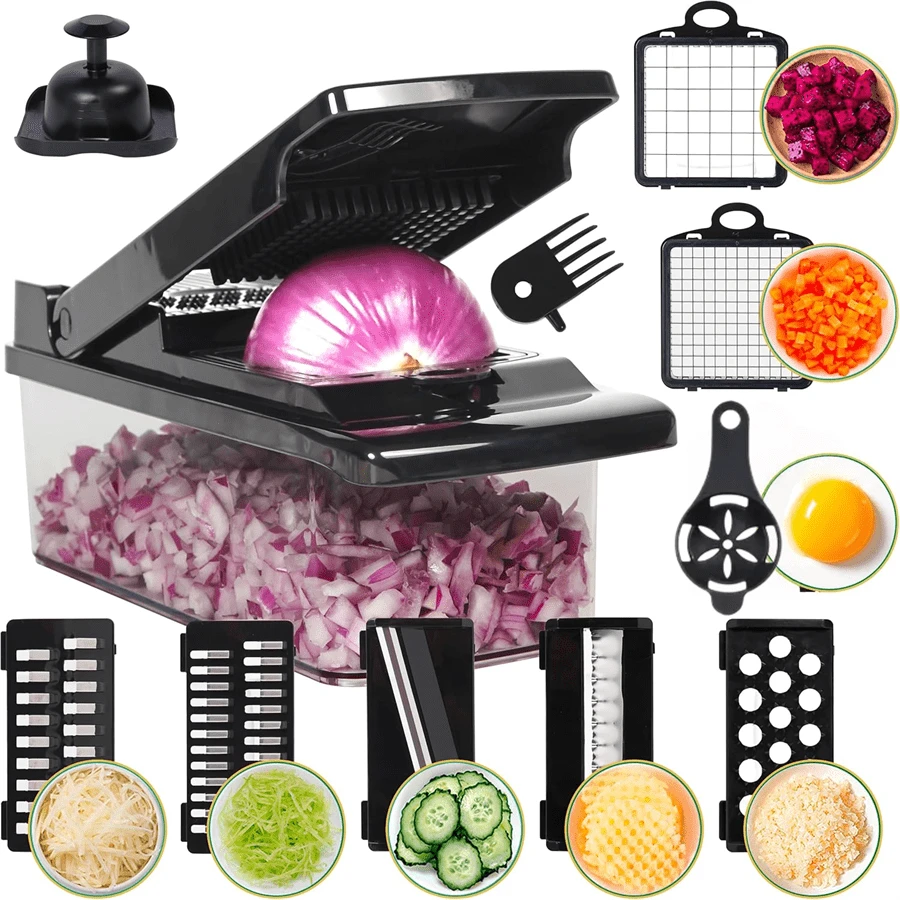 14-In-1 Multi-Functional Vegetable Chopper, Manual Onion Dicer Slicer With Container, Hand Guard, Easy To Clean Kitchen Fruit Potato Garlic Salad Chopper