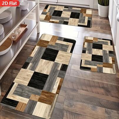 1pc Wood Grain Patchwork Pattern Kitchen Mat Set, Artistic Checkered Kitchen Mat Set, Suitable For Dining Room, Sink, Living Room, Entryway. Easy To Clean, Modern Minimalist Style Applicable For Kitchen Mat, Bedroom Mat, Living Room Mat