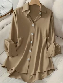 Plus Size Women Casual Shirt, Made Of Soft And Comfortable Fabric With Slight Stretch, Loose Fit, Suitable For Spring/Summer Wear Or Layering, Also Suitable For Daily, Office, Work, And Vacation Wear - Khaki - View 4