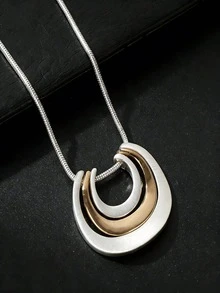 2026NEW Two Tone Crescent Pendant Snake Chain Necklace Minimalist Geometric Jewelry For Women - Silver + Gold - View 5