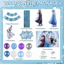 Conjunto Completo de Decoração para Festa de Aniversário, Tema Anna e Olaf, Conjunto de Pano de Bottom e Guirlanda de Balões, Inclui Faixa de Feliz Aniversário e Cortina de Borlas Metálicas, Adequado para Suprimentos de Festa da Princesa Frozen Mundo de Inverno - Conforme mostrado na figura - Visão 9