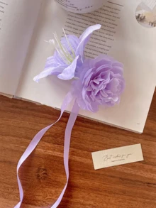 Gentle & Elegant Purple Flower Hair Clip With Ribbon Bow, Sweet Duck Clip Side Hairpin, Atmospheric Hair Accessory For Women - Mauve Purple - View 9