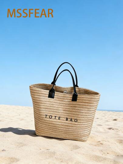 Nueva bolsa de tote de paja de moda, bolso de hombro de gran capacidad y versátil para mujer para uso diario, trabajo, compras