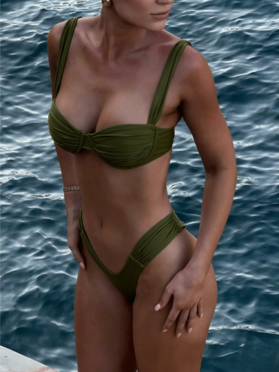 2026 Women's 2 Pieces Ruched Bikini Set Swimsuits With V Cut High Waisted Thong Cheeky Bottoms Gathered Bust Swimwear Summer Y2K Beachwear Bathing Suit