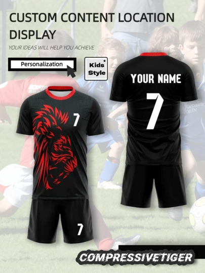 2pcs/Set Personalized Football Jersey For Boys - Customizable Name & Number Print Striped Decor Short Sleeve T-Shirt + Shorts Set, Quick-Dry Sports Outfit, Suitable As Gift, Multifunctional, Decorative, Letter Print, Fashionable, Modern, Colorful, Cute, Casual, Customizable, Personalized, Unique, Ideal Gift For Him/Her