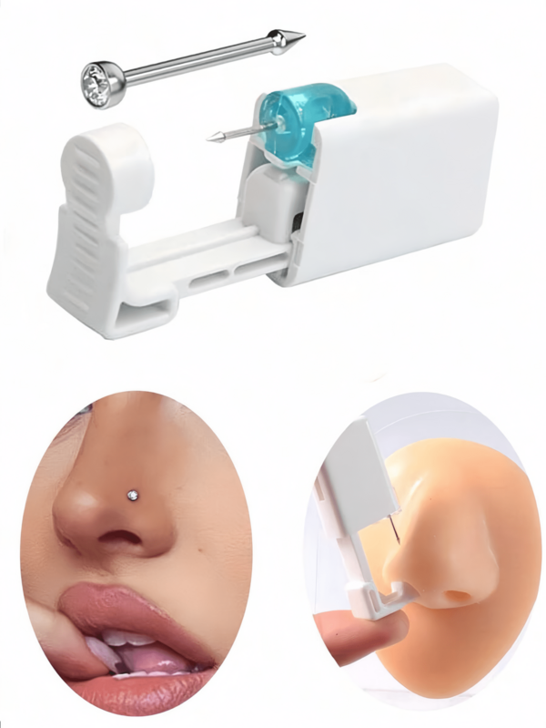 一套银色鼻钉套装，1支一次性鼻钉枪，白色鼻钉工具套装，适用于耳部、唇部、鼻部和肚脐穿孔