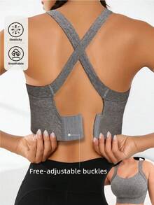 2Pcs Seamless High-Elasticity And High-Support Sports Bra,Women Underwear Detachable Chest Pad With Cross-Strap Design,Women's Fitness Solid Color Simple Yoga Bra,Women Soft And Comfortable Sports Tops - 灰色 - 查看 4