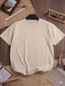 Oversized Washed Gray Short Sleeve Tee, Loose Fit Vintage Streetwear Style, Basic Summer - 杏色 - 查看 1