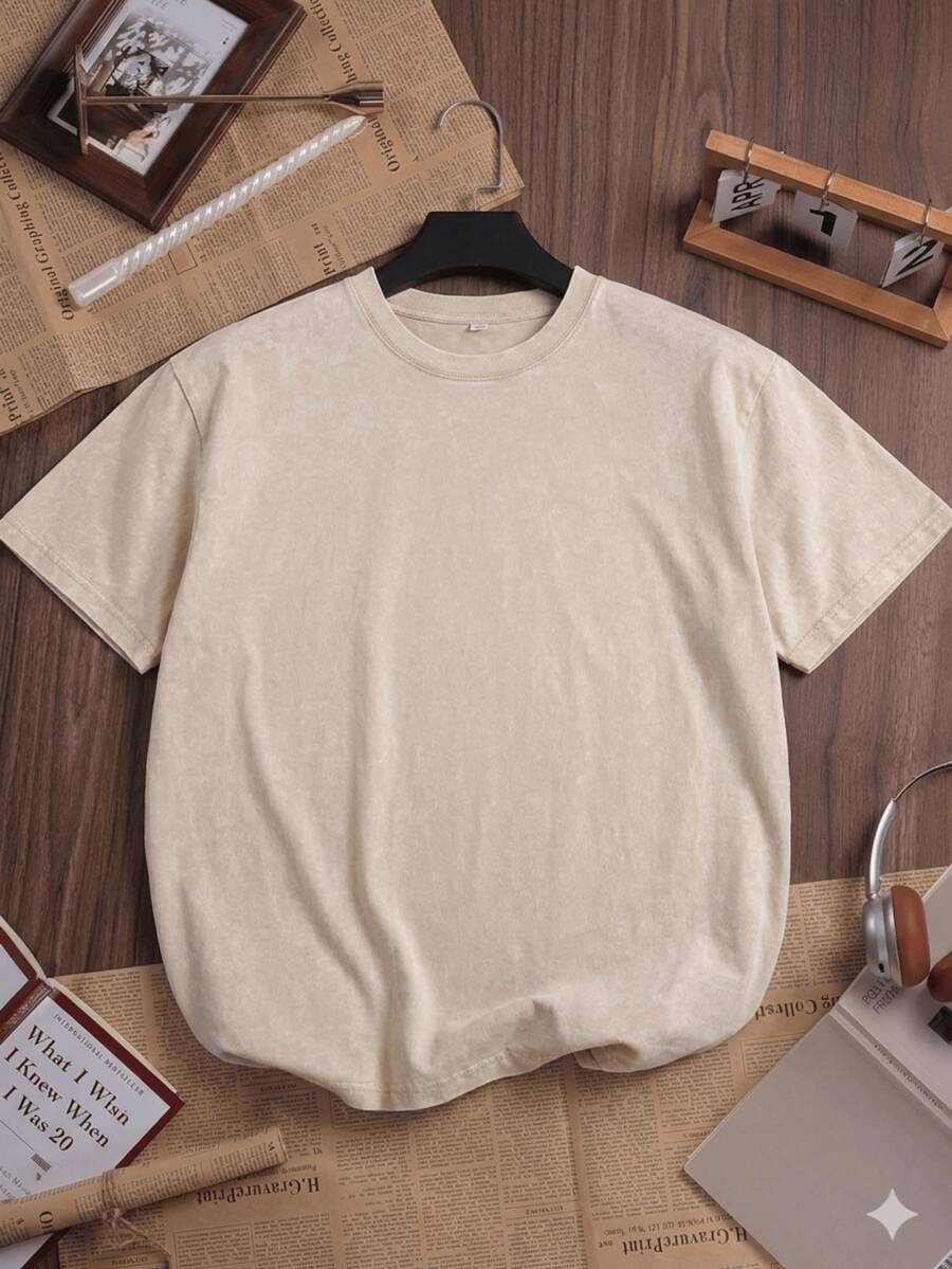 Oversized Washed Gray Short Sleeve Tee, Loose Fit Vintage Streetwear Style, Basic Summer - 杏色 - 查看 1