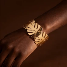 1件新款欧美时尚优雅镂空叶形开口手镯，适合作为节日礼物和派对配饰 - 金色 - 查看 8