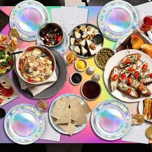 10件套一次性彩虹派对用品装饰全息纸托盘餐巾套装，彩虹纸托盘美人鱼生日婚礼用品装饰，夏季海滩派对，生日派对，节日派对用品 - 彩色 - 查看 8