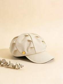 1pc Women's Adjustable Soft Fabric Elegant French Pleated Beret Hat, Newsboy Cap Style With Metal Buckle Decor, Versatile Accessory For Daily Wear, Spring And Autumn - Style 1 - View 12