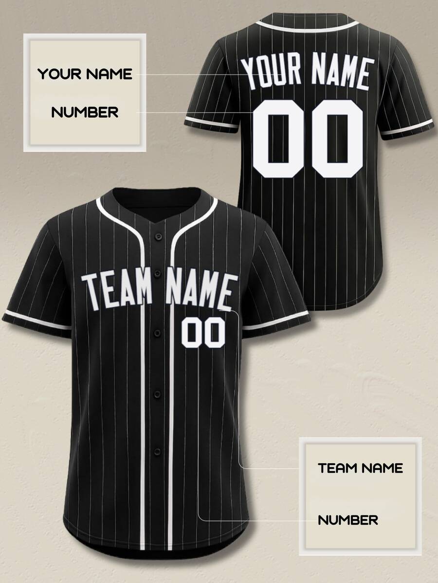 Customized Name And Number Men's Printed Baseball Jersey White Striped V-Neck Personalized Short Sleeve Button Shirt Party Game Training Sports