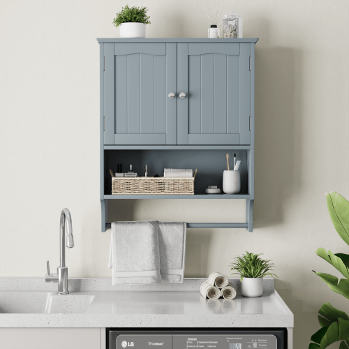 Bathroom Wall Cabinet With Towel Rack, Bathroom Wall Cabinet With 2 Doors And Open Shelves, Toilet Wall Shelf, Bathroom Medicine Cabinet