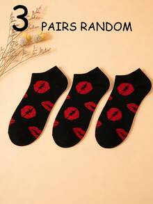3 Pairs Random Red Lip Pattern Socks, Comfortable Breathable, And Fashionable - Black - View 1