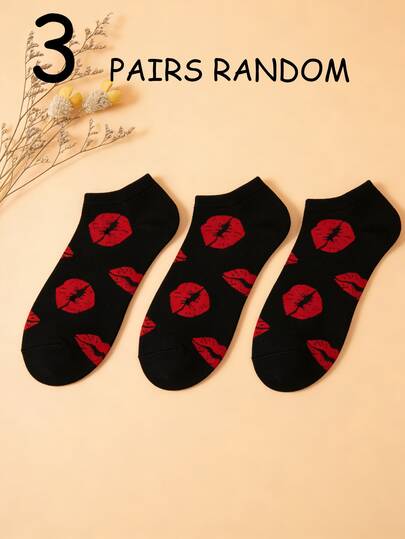 3 Pairs Random Red Lip Pattern Socks, Comfortable Breathable, And Fashionable