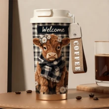 Bình nước giữ nhiệt chân không chống rò rỉ 18oz in hình bò cao nguyên, kiểu dáng nông trại, cốc cà phê tái sử dụng, thích hợp cho trường học và du lịch. - Nhiều màu - Xem 2