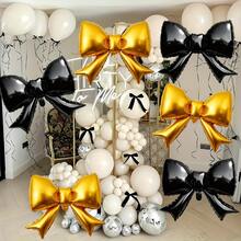 Conjunto de 6 balões metalizados com laços em preto e dourado, incluindo 6 balões. Ideal para aniversários, festas, comemorações, decoração de feriados, cenários, eventos ao ar livre, criação de atmosfera e adereços para fotografia. - Ver 3