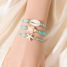 12pcs Beach Style Shell & Starfish & Turtle Charm Bracelet Set, Mint Green Woven Adjustable Bracelet For Women, Vacation Jewelry - Blue - View 2