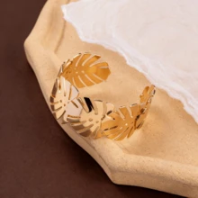 1件新款欧美时尚优雅镂空叶形开口手镯，适合作为节日礼物和派对配饰 - 金色 - 查看 7