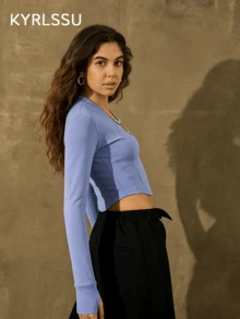 ZULIZ KYRLSSU Women's Zip-Up Stand Collar Cropped Long Sleeve Workout Top, Yoga Athletic Thumb Hole Fitted Jacket - Blue - View 4