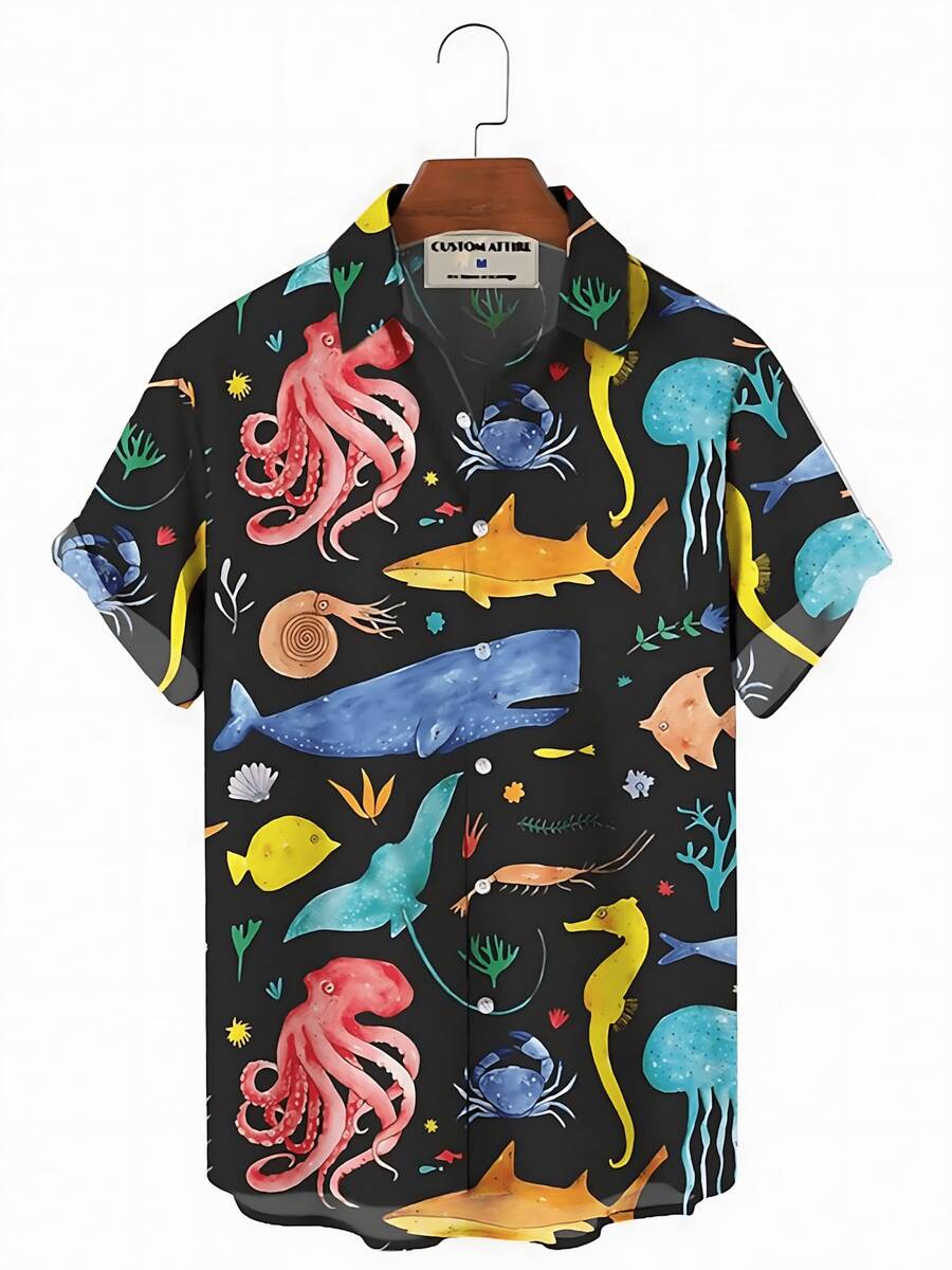 Summer Funny Hawaiian Shirts Men Clothes Street Retro Man Casual Short Sleeve Top Sea Marine Animals 3d Lapel Men's Shirt - A508D-AL23016 - 查看 1