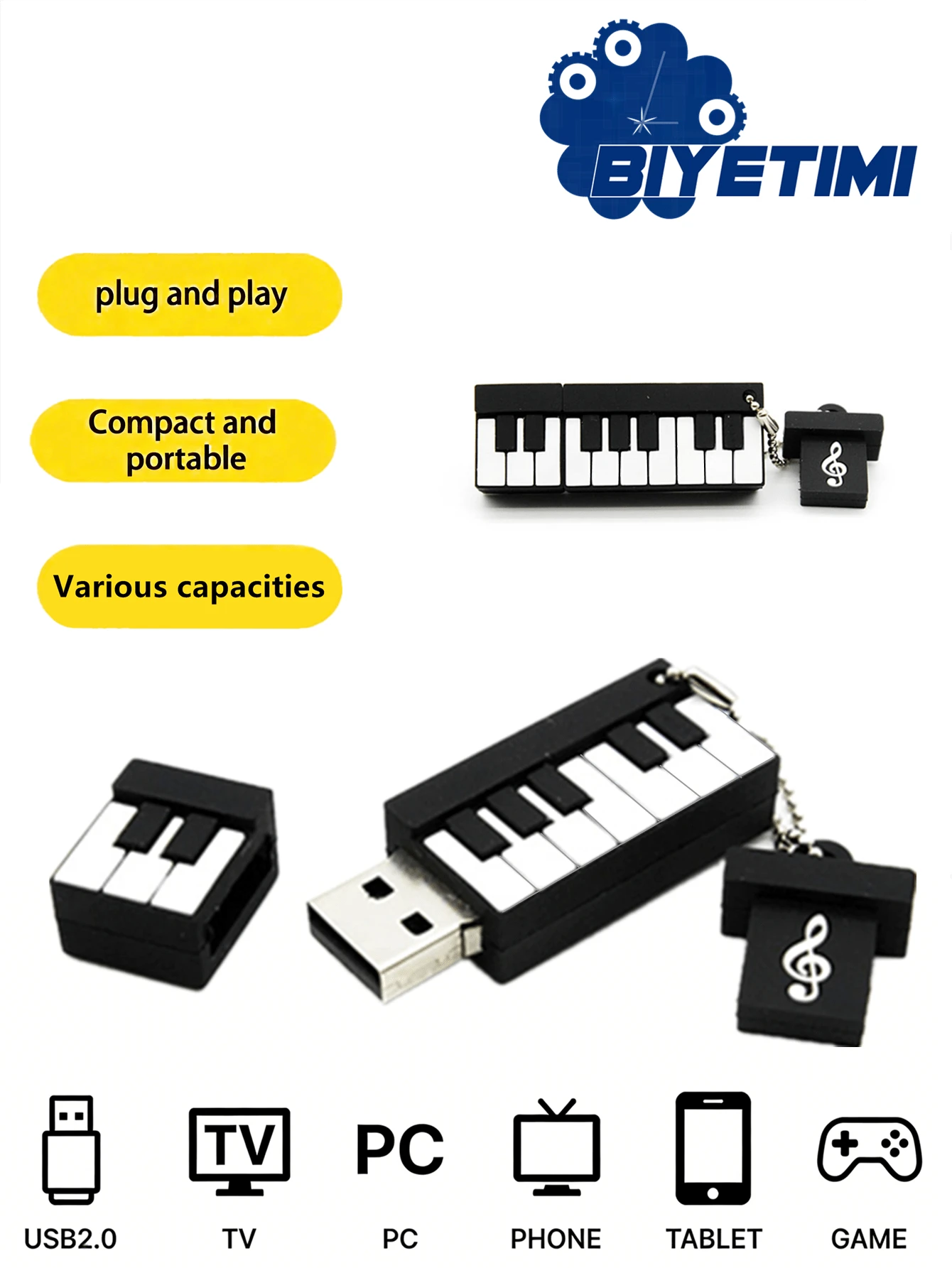 BIYETIMI 64GB卡通钢琴键盘U盘，128GB 2.0卡通U盘，32GB U盘，64GB礼品U盘
