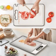 1 Stainless Steel Kitchen Cutting Board, Double-Sided Anti Slip Design, With Deep Juice Trough, Wheat Straw PP Large Cutting Board, Heavy-Duty, Shatterproof, Easy To Clean Meat, Vegetable, And Fruit Preparation Kitchen Tool - 1PC - View 2