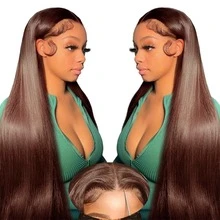 5x5蕾丝前假发，200%密度蕾丝前假发，预先拔毛，无胶假发，直发人发混纺，哈里棕色蕾丝前假发，13x4、5x5、13x6高清蕾丝前假发，自然蕾丝闭合假发，适合，26英寸 - 棕色 - 查看 8