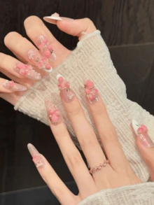 10片手工制作加长3D草莓玫瑰珍珠美甲贴纸，适合女孩和女士参加派对、日常佩戴；10片Y2K风格手工美甲贴纸，适合女孩和女士参加节日、派对、音乐节、日常佩戴、情人节、母亲节礼物。 - 粉色 - 查看 4