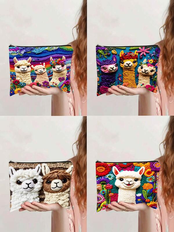 A Cute And Soothing Alpaca-Themed Cosmetic Bag, A Retro Portable Travel Storage Bag, A Women's Large-Capacity Cosmetic Clutch.