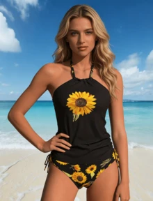 Women's Swimsuit Two-Piece Set With Fashionable Print, Drawstring Neck, And Slimming Design. - Black - View 1