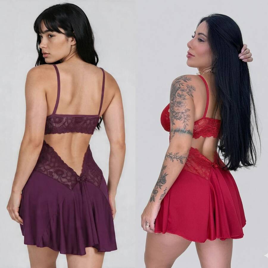 Set Of 2 Women's Sensual Ballerina Sexy Nightgowns With Lace, Red And Fleece Sleepwear - 紅木色 - 查看 1
