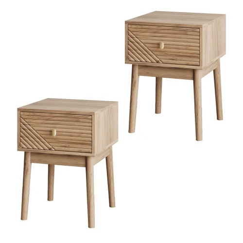 Mid-Century Walnut Bedside Table, Bedroom Nightstand, Bedside Table With Metal Handles, 40 X 40 X 55 Cm, 2 Pieces - 駝色 - 查看 1