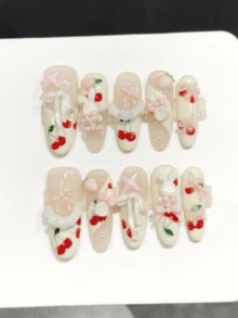 10片手工椭圆形美甲贴纸，适合派对和日常佩戴，“樱桃兔的甜蜜梦境”图案，清新可爱，美甲用品，易于粘贴。10片Y2K风格手工美甲贴纸，适合女孩和女士，适用于节日、派对、音乐节和日常佩戴，也是情人节和母亲节的礼物佳选。 - 紅白色 - 查看 10