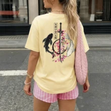 Áo thun nữ mùa hè in chữ, kiểu dáng rộng rãi, thoải mái, đa năng, thích hợp mặc hàng ngày hoặc đi nghỉ mát. - Màu vàng - Xem 4