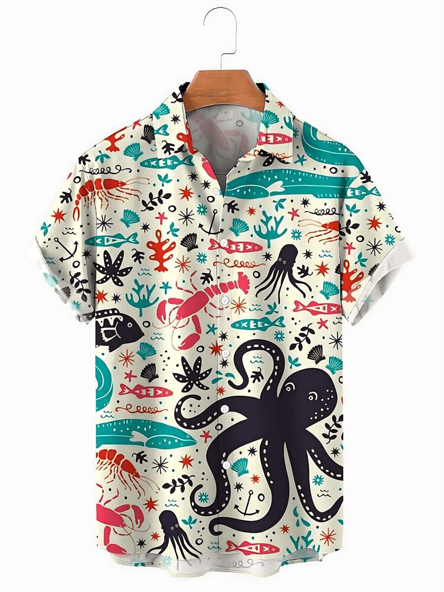 Summer Funny Hawaiian Shirts Men Clothes Street Retro Man Casual Short Sleeve Top Sea Marine Animals 3d Lapel Men's Shirt - A508D-AL23011 - 查看 1