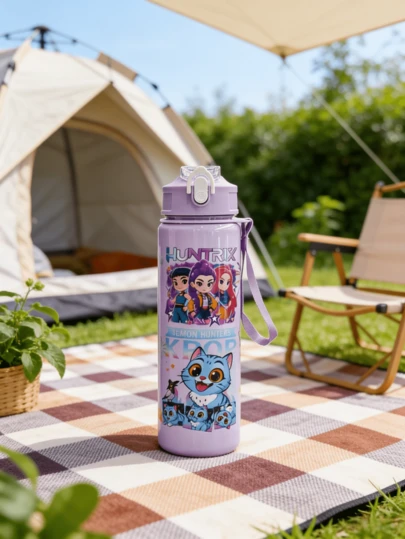 1 bình nước nhựa 800ml màu tím chủ đề hoạt hình, cốc giữ nhiệt hình mèo hoạt hình dễ thương, chống rò rỉ kèm ống hút, có thể tái sử dụng cho trường học, thể thao, sử dụng hàng ngày.