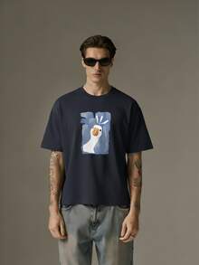 2025 Men's Duck Print Round Neck Short Sleeve Casual T-Shirt, Summer - Navy Blue - View 1