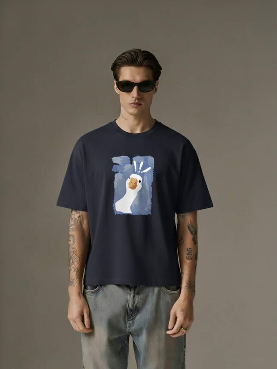 2025 Men's Duck Print Round Neck Short Sleeve Casual T-Shirt, Summer - Navy Blue - View 1