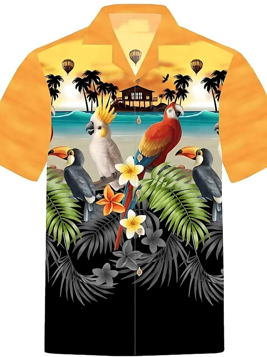 Men's Summer Parrot 3D Printed Shirt Men's And Women's Fashion Shirt Single Breasted Short Sleeve Hawaiian Casual Comfortable Breathable Shirt Men's Wear - A508D-AL23121 - 查看 1