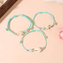 12pcs Beach Style Shell & Starfish & Turtle Charm Bracelet Set, Mint Green Woven Adjustable Bracelet For Women, Vacation Jewelry - Blue - View 4