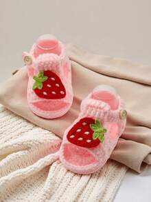1 Pair Handmade Crochet Infant Sandals, White With Strawberry Pattern Decor, Soft Knitted Booties With Button - Baby Pink - View 5