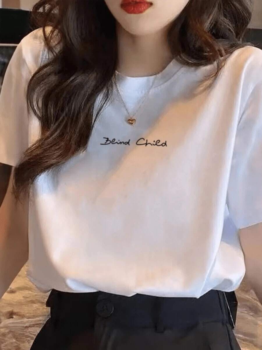 女士夏季休闲宽松字母印花圆领短袖T恤 白色 - 白色 - 查看 1