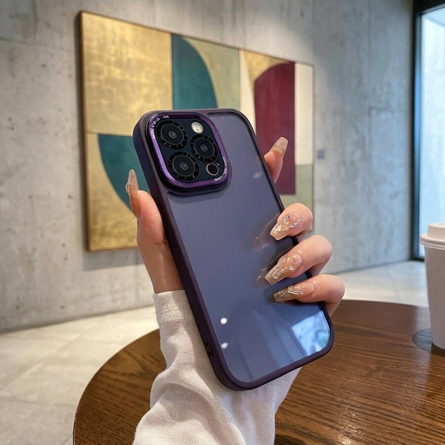 DECOPHONE Premium Metal Lens Rim Purple Frame Transparent Phone Case, Minimalist Shockproof Acrylic Protective Cover, Unisex, Suitable For IPhone 16/15/14/13/12 Pro Max Series - Purple - View 1