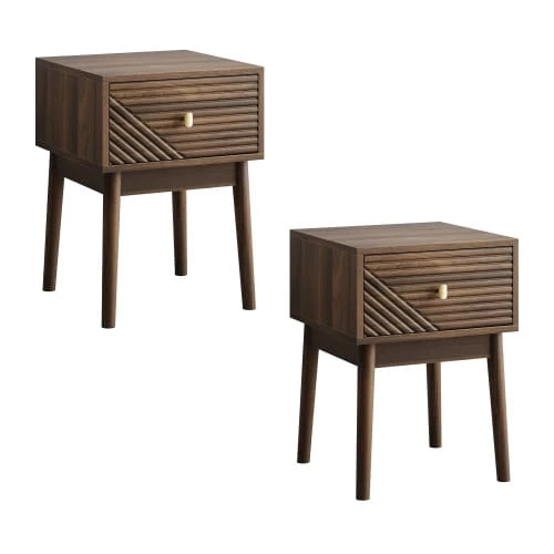 Mid-Century Walnut Bedside Table, Bedroom Nightstand, Bedside Table With Metal Handles, 40 X 40 X 55 Cm, 2 Pieces - Natural Color - View 1