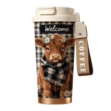 Bình nước giữ nhiệt chân không chống rò rỉ 18oz in hình bò cao nguyên, kiểu dáng nông trại, cốc cà phê tái sử dụng, thích hợp cho trường học và du lịch. - Nhiều màu - Xem 9