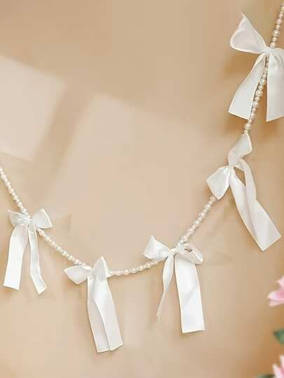 5pcs Handmade Solid Color Satin Bow Decorative Ribbons - Pearl Chain And Bow Decor, Suitable For Birthday Party, Friends Gathering, Anniversary Celebration, Wedding Venue Decoration, And Creating "Princess Ballet" Theme Background