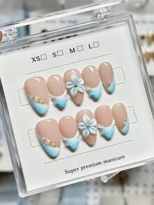 10 piezas de uñas postizas de media longitud con forma de almendra, de color azul y blanco, hechas a mano de forma pura con flores tridimensionales y patrón de conchas, francés, lindo, elegante, Y2K, destellos suaves, temperamento para mujeres y niñas, para uso en primavera, verano, otoño, invierno, días festivos y vida diaria - Azul y blanco - Ver 1